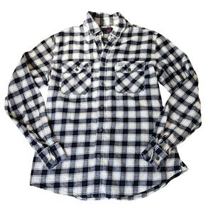 Perry Ellis America Mens Large Flannel Shirt Navy Blue Cream Plaid Button Down